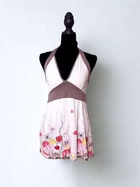 Vtg Y2K Ici et Maintenant Taupe and Cream Floral Print Halter Babydoll Top